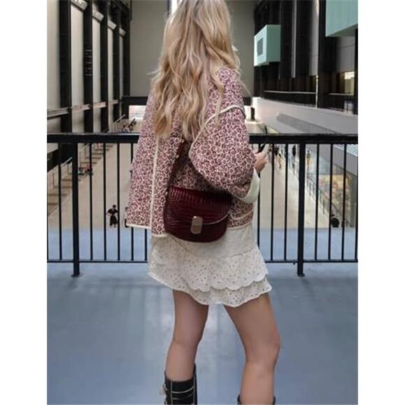 Womens Cropped Quilted Jacket Floral Print Puffer Cardigan Coat Lightweight - Picture 3 of 8